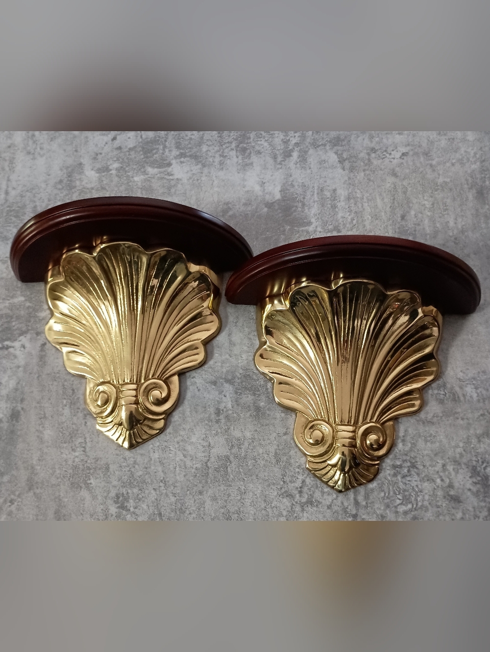 Gold Shell Wall Sconces with Dark Wood Tops